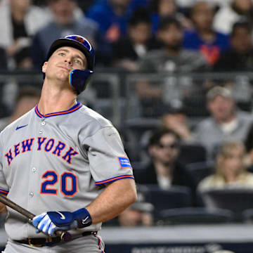 May 16, 2025; Bronx, New York, USA; New York Mets first baseman Pete Alonso (20) reacts after striking out against the New York Yankees during the eighth inning at Yankee Stadium. Mandatory Credit: John Jones-Imagn Images