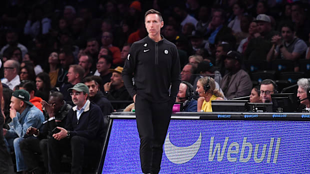 Brooklyn Nets head coach Steve Nash coaches against the Toronto Raptors during the second quarter at Barclays Center.