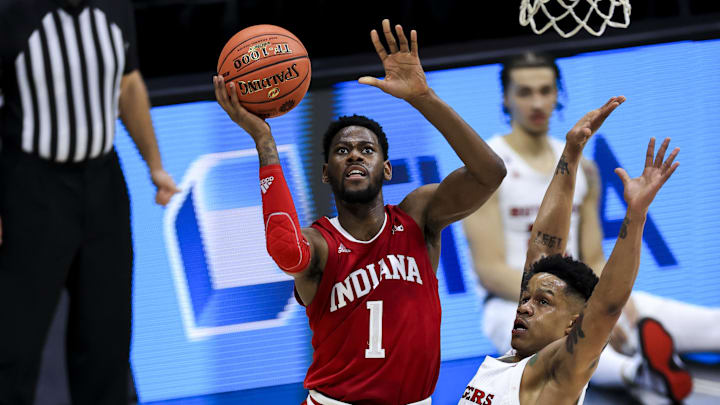 Indiana Hoosiers guard Al Durham (1) drives to the basket against Rutgers Scarlet Knights guard Jacob Young (42) in the first half at Lucas Oil Stadium. Indiana Hoosiers guard Al Durham (1) drives to the basket against Rutgers Scarlet Knights guard Jacob Young (42) in the first half at Lucas Oil Stadium.