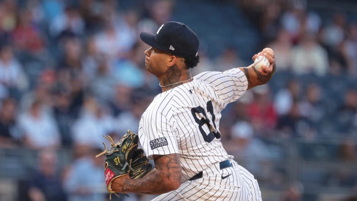 Aug 20, 2024; Bronx, New York, USA; New York Yankees starting pitcher Luis Gil (81) delivers a pitch during the first inning against the Cleveland Guardians at Yankee Stadium. Mandatory Credit: Vincent Carchietta-USA TODAY Sports