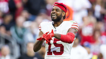 Jan 5, 2025; Glendale, Arizona, USA; San Francisco 49ers wide receiver Jauan Jennings (15) reacts after a fight against the Arizona Cardinals in the first half at State Farm Stadium. Mandatory Credit: Mark J. Rebilas-Imagn Images