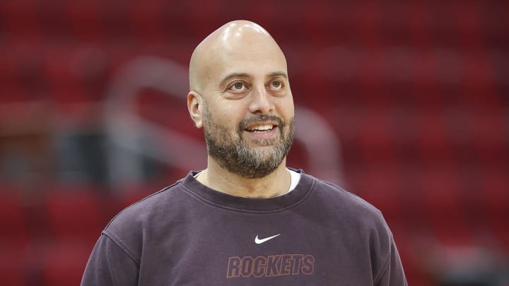 Jan 6, 2024; Houston, Texas, USA; Houston Rockets general manager Rafael Stone looks up on the court before the game against the Milwaukee Bucks at Toyota Center. Mandatory Credit: Troy Taormina-USA TODAY Sports