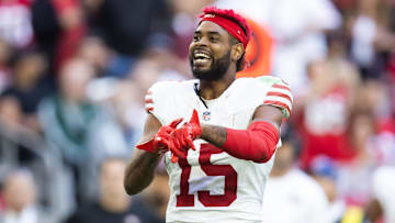 San Francisco 49ers wide receiver Jauan Jennings reacts after a fight against the Arizona Cardinals in the first half at State Farm Stadium. 