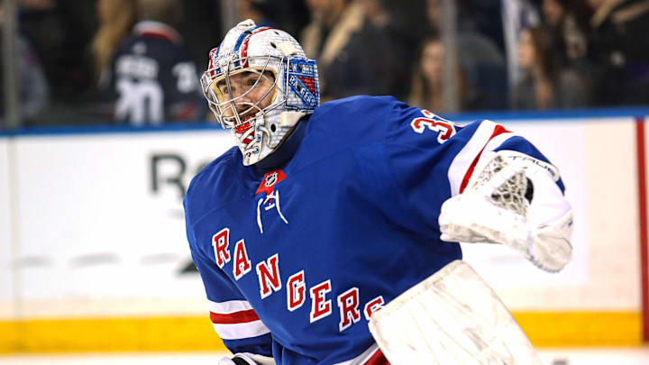 Dec 8, 2024; New York, New York, USA; New York Rangers goalie Dylan Garand (33) warms up before a game against the Seattle Kraken at Madison Square Garden. Mandatory Credit: Danny Wild-Imagn Images