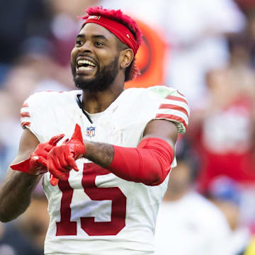 Jan 5, 2025; Glendale, Arizona, USA; San Francisco 49ers wide receiver Jauan Jennings (15) reacts after a fight against the Arizona Cardinals in the first half at State Farm Stadium. Mandatory Credit: Mark J. Rebilas-Imagn Images