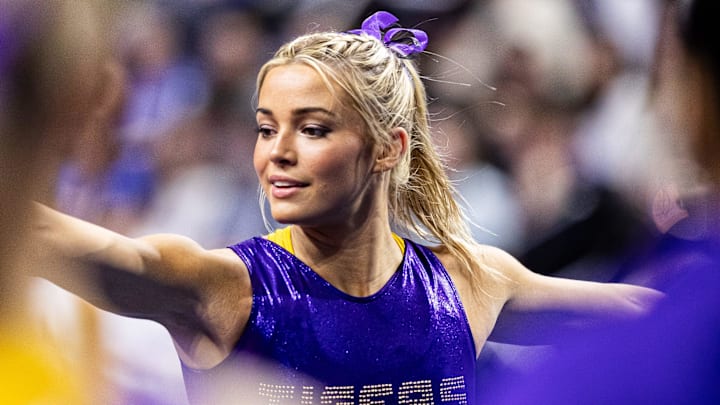 LSU Tigers gymnast Olivia Dunne warms up against the Florida Gators before the meet at Exactech Arena at the Stephen C. O'Connell Center in Gainesville, FL on Friday, February 23, 2024. [Matt Pendleton/Gainesville Sun]