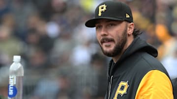 Apr 6, 2025; Pittsburgh, Pennsylvania, USA;  Pittsburgh Pirates pitcher Paul Skenes (30) looks on from the dugout against the New York Yankees during the fourth inning at PNC Park. Mandatory Credit: Charles LeClaire-Imagn Images