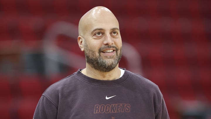 Jan 6, 2024; Houston, Texas, USA; Houston Rockets general manager Rafael Stone looks up on the court before the game against the Milwaukee Bucks at Toyota Center. Mandatory Credit: Troy Taormina-USA TODAY Sports