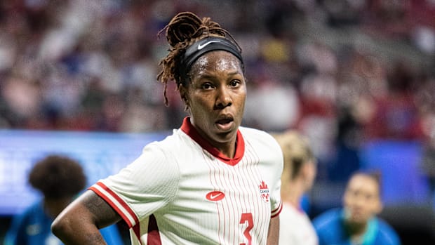 Canada defender Kadeisha Buchanan taking on Brazil at Mercedes-Benz Stadium in 2024.