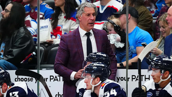 Feb 28, 2026; Denver, Colorado, USA; Colorado Avalanche head coach Jared Bednar on the bench in the third period against the Chicago Blackhawks at Ball Arena. Mandatory Credit: Ron Chenoy-Imagn Images