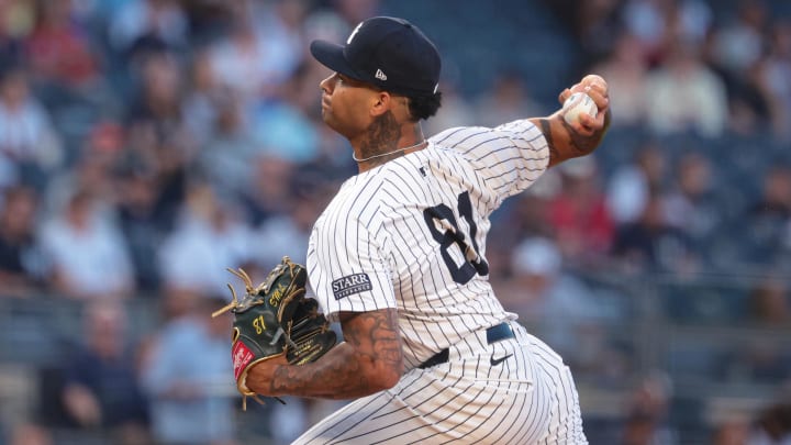 Aug 20, 2024; Bronx, New York, USA; New York Yankees starting pitcher Luis Gil (81) delivers a pitch during the first inning against the Cleveland Guardians at Yankee Stadium. Mandatory Credit: Vincent Carchietta-USA TODAY Sports