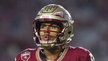 Nov 18, 2023; Tallahassee, Florida, USA; Florida State Seminoles quarterback Jordan Travis (13) during the warm ups against the North Alabama Lions at Doak S. Campbell Stadium. Mandatory Credit: Morgan Tencza-USA TODAY Sports