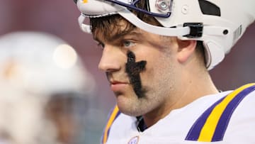 Oct 19, 2024; Fayetteville, Arkansas, USA; LSU Tigers quarterback Garrett Nussmeier (13) during the first quarter against the Arkansas Razorbacks at Donald W. Reynolds Razorback Stadium. Mandatory Credit: Nelson Chenault-Imagn Images
