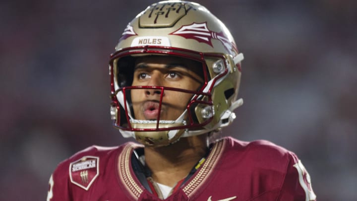 Nov 18, 2023; Tallahassee, Florida, USA; Florida State Seminoles quarterback Jordan Travis (13) during the warm ups against the North Alabama Lions at Doak S. Campbell Stadium. Mandatory Credit: Morgan Tencza-USA TODAY Sports