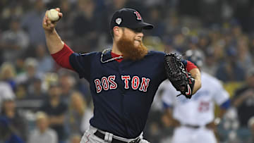 Oct 27, 2018; Los Angeles, CA, USA; Boston Red Sox pitcher Craig Kimbrel throws a pitch against the Los Angeles Dodgers in the ninth inning in game four of the 2018 World Series at Dodger Stadium.