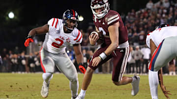 Nov 23, 2023; Starkville, Mississippi, USA; Mississippi State Bulldogs quarterback Will Rogers (2) runs the ball during the second half against the Mississippi Rebels at Davis Wade Stadium at Scott Field. Mandatory Credit: Petre Thomas-USA TODAY Sports