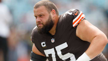 Sep 15, 2024; Jacksonville, Florida, USA; Cleveland Browns guard Joel Bitonio (75) before the game against the Jacksonville Jaguars at EverBank Stadium. Mandatory Credit: Morgan Tencza-Imagn Images