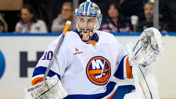 Nov 3, 2024; New York, New York, USA; New York Islanders goalie Ilya Sorokin (30) stretches during the third period against the New York Rangers at Madison Square Garden. Mandatory Credit: Danny Wild-Imagn Images