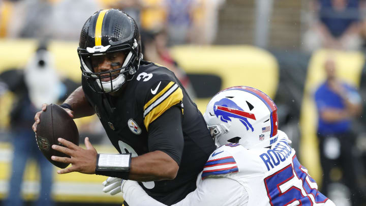 Buffalo Bills defensive end Greg Rousseau sacks Pittsburgh Steelers quarterback Russell Wilson during the first quarter at Acrisure Stadium. Mandatory 