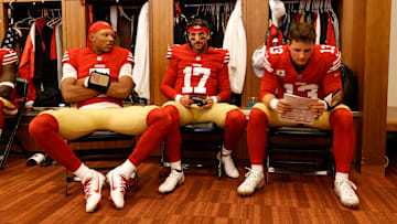San Francisco 49ers quarterbacks Joshua Dobbs (L), Brandon Allen (C) and Brock Purdy (R)