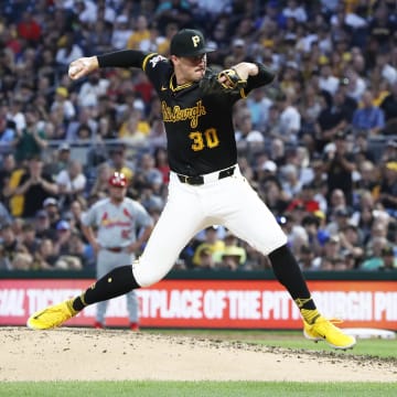 Pittsburgh Pirates starting pitcher Paul Skenes (30) pitches against the St. Louis Cardinals during the eighth inning at PNC Park on July 23.