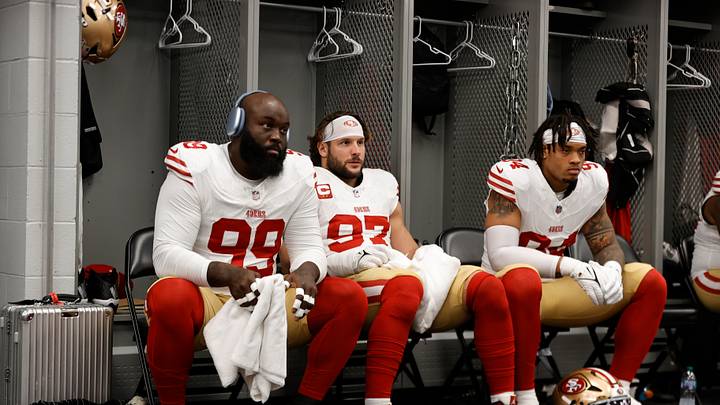 San Francisco 49ers defensive linemen Maliek Collins (L), Nick Bosa (C) and Yetur Gross-Matos (R)