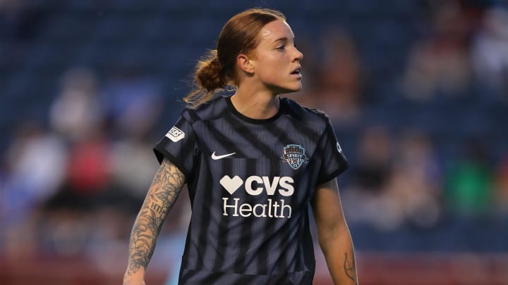 May 1, 2024; Bridgeview, Illinois, USA; Washington Spirit midfielder Hal Hershfelt (17) looks on during the first half against the Chicago Red Stars at SeatGeek Stadium