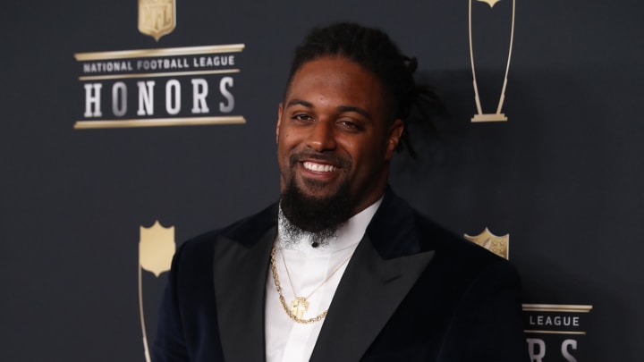 Feb 3, 2018; Minneapolis, MN, USA; Cam Jordan during red carpet arrivals for the NFL Honors show at Cyrus Northrop Memorial Auditorium at the University of Minnesota. Mandatory Credit: Brace Hemmelgarn-USA TODAY Sports