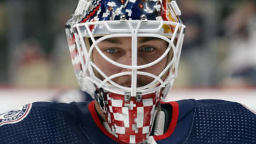 Mar 28, 2024; Pittsburgh, Pennsylvania, USA;  Columbus Blue Jackets goaltender Elvis Merzlikins (90) warms up before the game against the Pittsburgh Penguins at PPG Paints Arena. Mandatory Credit: Charles LeClaire-USA TODAY Sports