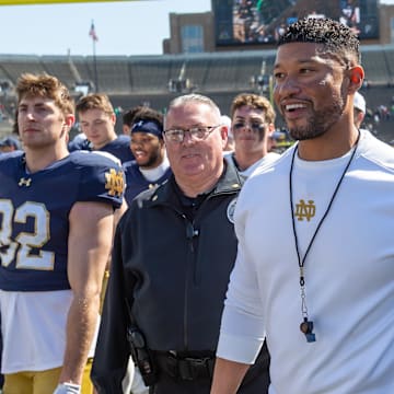 Apr 12, 2025; Notre Dame, IN, USA; Notre Dame Fighting Irish head coach Marcus Freeman smiles as he walks off the field after the Blue-Gold game at Notre Dame Stadium. Mandatory Credit: Michael Caterina-Imagn Images