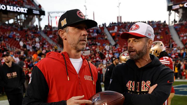 San Francisco 49ers head coach Kyle Shanahan (L) and assistant head coach Brandon Staley (R)