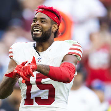 Jan 5, 2025; Glendale, Arizona, USA; San Francisco 49ers wide receiver Jauan Jennings (15) reacts after a fight against the Arizona Cardinals in the first half at State Farm Stadium. Mandatory Credit: Mark J. Rebilas-Imagn Images