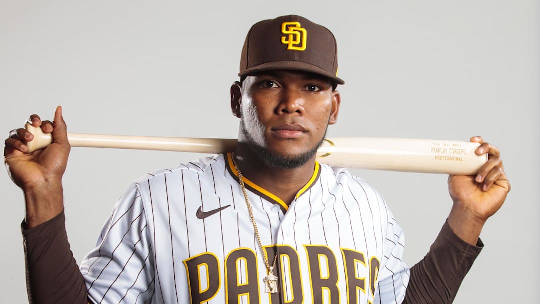 San Diego Padres outfielder Franchy Cordero poses for a portrait during media day at Peoria Sports Complex. 