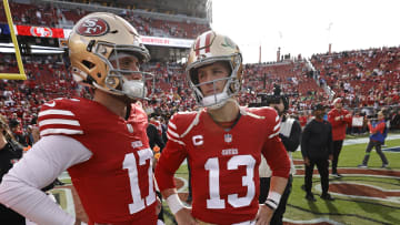 San Francisco 49ers quarterbacks Brandon Allen (L) and Brock Purdy (R)