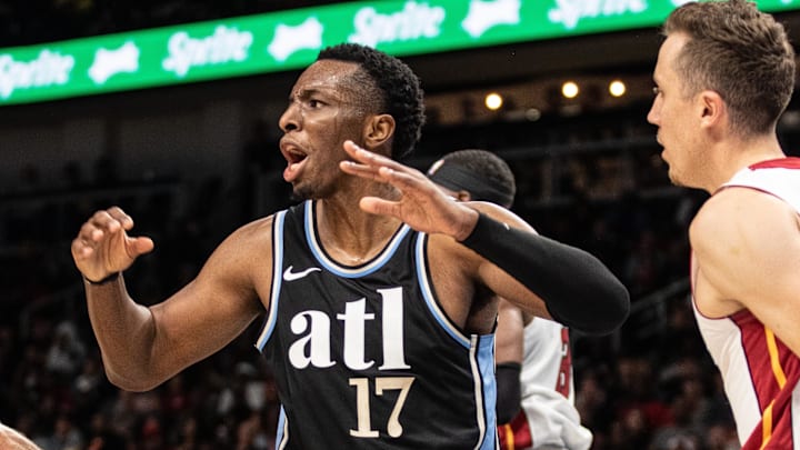 Atlanta Hawks forward Onyeka Okongwu reacting to a call against Miami Heat