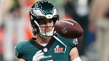 Former Philadelphia Eagles quarterback Kenny Pickett (7) practices before Super Bowl LIX against the Kansas City Chiefs at Caesars Superdome.