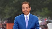 Nick Saban is on stage at ESPN College GameDay ahead of the University of Oklahoma-Michigan College football game on Sep 6, 2025 in Norman.