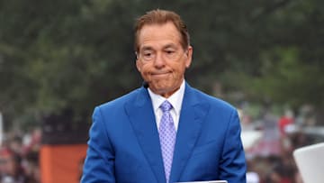 Nick Saban is on stage at ESPN College GameDay ahead of the University of Oklahoma-Michigan College football game on Sep 6, 2025 in Norman.