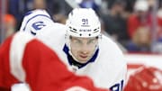 Dec 14, 2024; Detroit, Michigan, USA;  Toronto Maple Leafs center John Tavares (91) gets set during a face-off in the first period against the Detroit Red Wings at Little Caesars Arena. Mandatory Credit: Rick Osentoski-Imagn Images