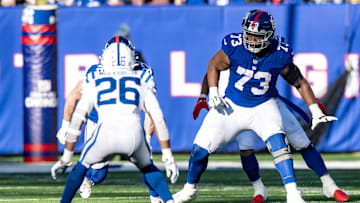 Jan 1, 2023; East Rutherford, New Jersey, USA; New York Giants offensive tackle Evan Neal (73) pass protects against the Indianapolis Colts during the first half at MetLife Stadium. Mandatory Credit: John Jones-Imagn Images