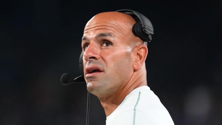 Aug 24, 2024; East Rutherford, New Jersey, USA; New York Jets head coach Robert Saleh looks on against the New York Giants during the second half at MetLife Stadium. Mandatory Credit: Rich Barnes-USA TODAY Sports