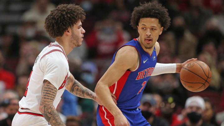 Jan 11, 2022; Chicago, Illinois, USA; (Editors note: caption correction) Detroit Pistons guard Cade Cunningham (2) is defended by Chicago Bulls guard Lonzo Ball (left) during the first quarter at the United Center. Mandatory Credit: Dennis Wierzbicki-USA TODAY Sports