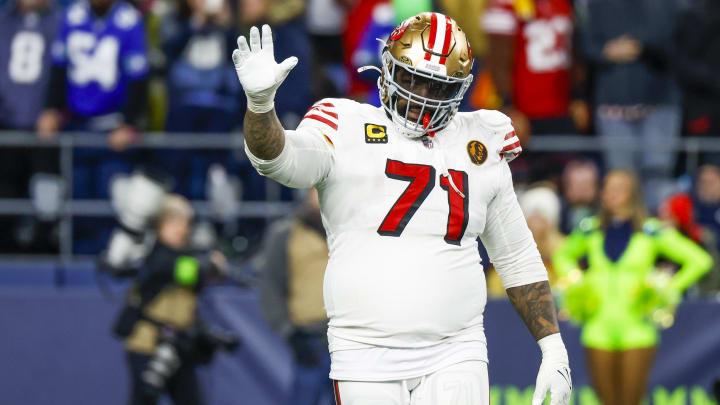 Nov 23, 2023; Seattle, Washington, USA; San Francisco 49ers offensive tackle Trent Williams (71) waves goodbye to Seattle Seahawks fans during the fourth quarter at Lumen Field. Mandatory Credit: Joe Nicholson-USA TODAY Sports