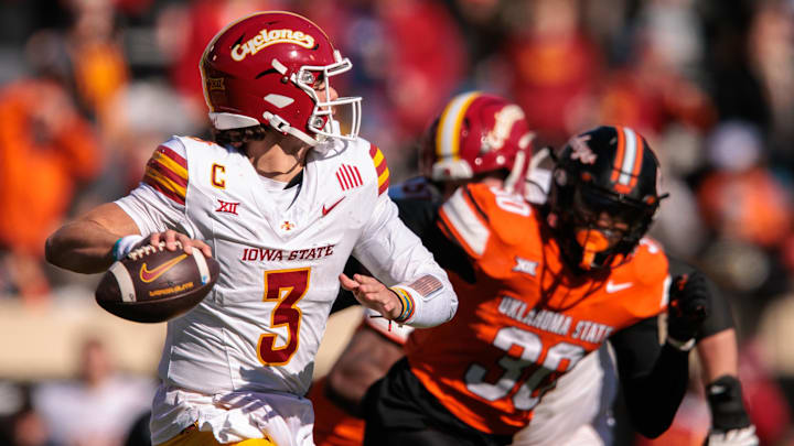 Nov 29, 2025; Stillwater, Oklahoma, USA; Iowa State Cyclones quarterback Rocco Becht (3) looks to pass during the second half against the Oklahoma State Cowboys at Boone Pickens Stadium. Mandatory Credit: William Purnell-Imagn Images
