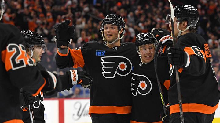 Feb 25, 2025; Philadelphia, Pennsylvania, USA; Philadelphia Flyers right wing Tyson Foerster (71) celebrates his goal with teammates against the Pittsburgh Penguins during the second period at Wells Fargo Center. 