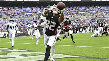 Aug 17, 2024; Baltimore, Maryland, USA; Atlanta Falcons wide receiver Casey Washington (82) drops a quarterback Taylor Heinicke (4) in the end zone  during the second half against the Baltimore Ravens at M&T Bank Stadium.