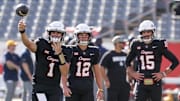 Nov 1, 2025; Houston, Texas, USA;  Houston Cougars quarterback Conner Weigman (1) warms up before play9ng against the West Virginia Mountaineers at TDECU Stadium. Mandatory Credit: Thomas Shea-Imagn Images