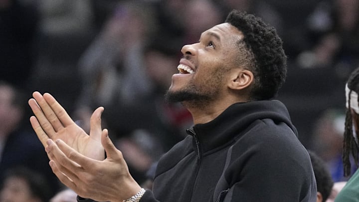 Apr 5, 2026; Milwaukee, Wisconsin, USA; Milwaukee Bucks forward Giannis Antetokounmpo (34) claps as his brother Milwaukee Bucks forward Alex Antetokounmpo (29), not pictured scores on a made basket against the Memphis Grizzlies in the second half at Fiserv Forum. Mandatory Credit: Michael McLoone-Imagn Images