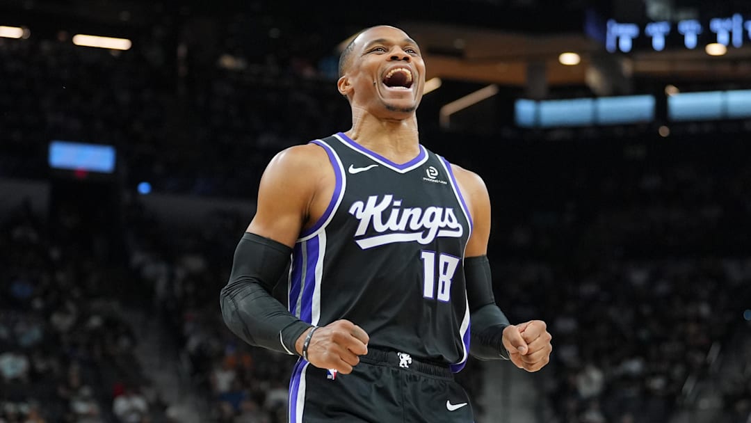 Nov 16, 2025; San Antonio, Texas, USA; Sacramento Kings guard Russell Westbrook (18) runs onto the court before the game against the San Antonio Spurs at Frost Bank Center. Mandatory Credit: Daniel Dunn-Imagn Images