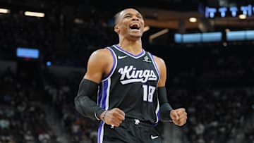 Nov 16, 2025; San Antonio, Texas, USA; Sacramento Kings guard Russell Westbrook (18) runs onto the court before the game against the San Antonio Spurs at Frost Bank Center. Mandatory Credit: Daniel Dunn-Imagn Images
